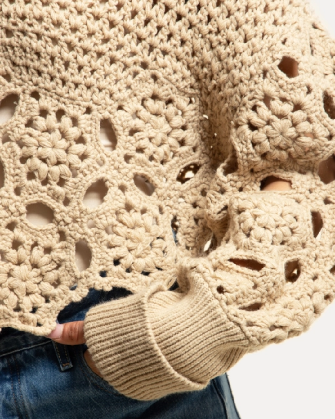 Oatmeal Floral Crochet Pullover Sweater