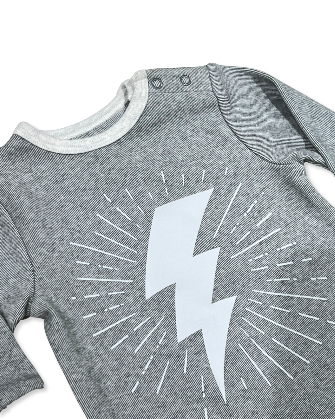 Grey Lightning Bolt Footie, Expressions Boutique, Women and childrens boutique, Woodbury, grey baby footie, baby boy lightning sleeper, boutique baby romper, infant footed one piece, soft cotton baby pajamas, newborn boy sleepsuit, snap closure baby outfit, modern baby boy footie, baby shower boy gift, lightning print baby romper