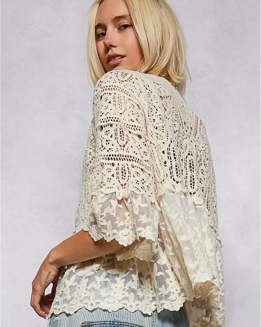 V Neck SS Crochet Floral Lace Cardigan