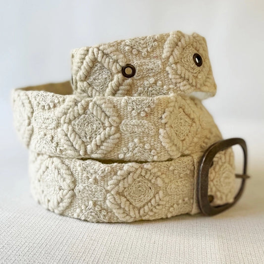 embroidered wool belt, cream boho belt, artisan embroidered belt, neutral statement belt, textured cream belt, handmade bohemian belt, women’s artisan accessories, boutique embroidered wool belt, vintage buckle belt, unique boho belt