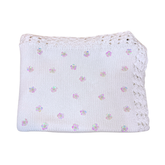 White Cotton Blanket w Sequin Flowers