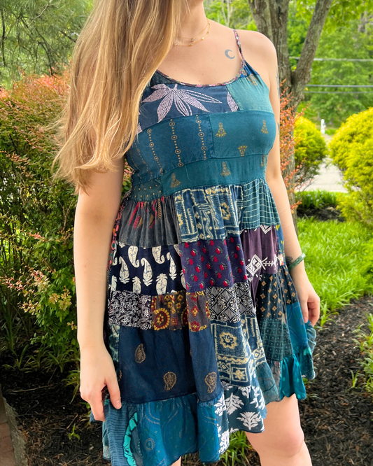 Blue Spaghetti Strap Patchwork Short Dress