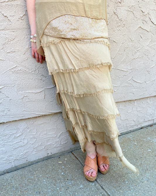 Sand Pull On Raw Edge Silk Skirt