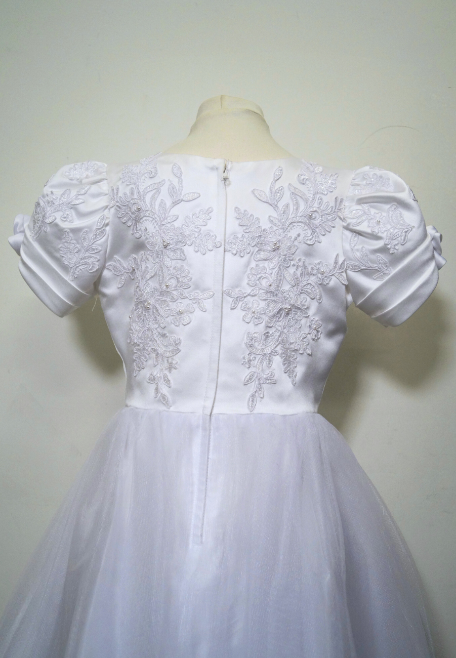 one of a kind communion dress Expressions Boutique NY, beaded lace communion gown, belle sleeve white communion dress, boutique first communion dress Long Island, elegant satin and tulle communion dress, handmade girls communion gown Woodbury NY