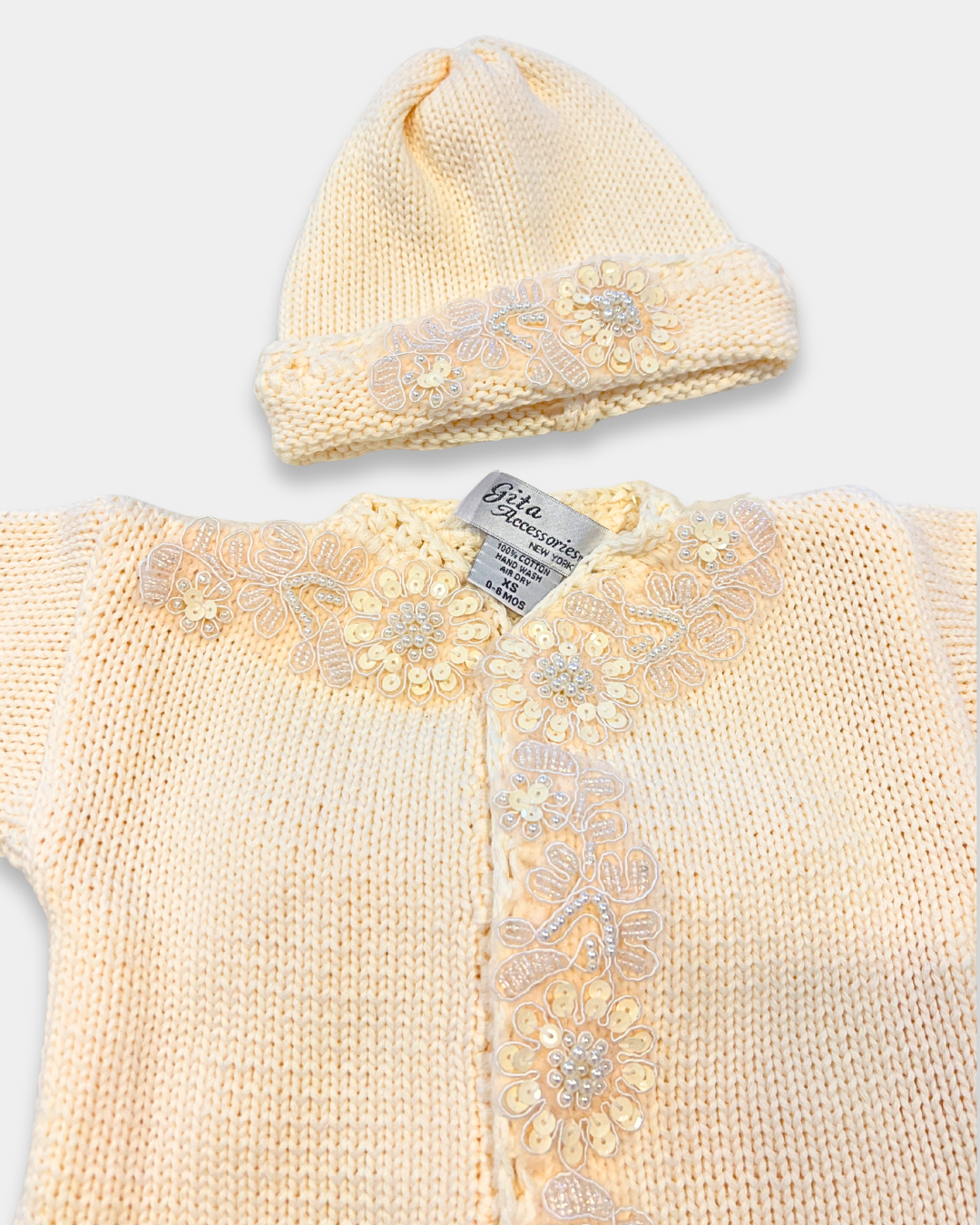 boutique baby girl sweater hat set, ivory sequin baby girl knitwear, pink cotton baby sweater set, baby girl knit cardigan Expressions Boutique NY, christening baby girl outfit boutique, heirloom knit sweater set for baby, luxury newborn knitwear girls, sequin flower baby girl outfit, boutique baby shower gift girl, matching baby blanket and sweater set