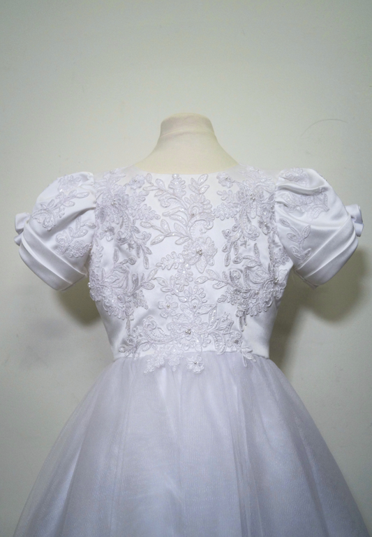 one of a kind communion dress Expressions Boutique NY, beaded lace communion gown, belle sleeve white communion dress, boutique first communion dress Long Island, elegant satin and tulle communion dress, handmade girls communion gown Woodbury NY