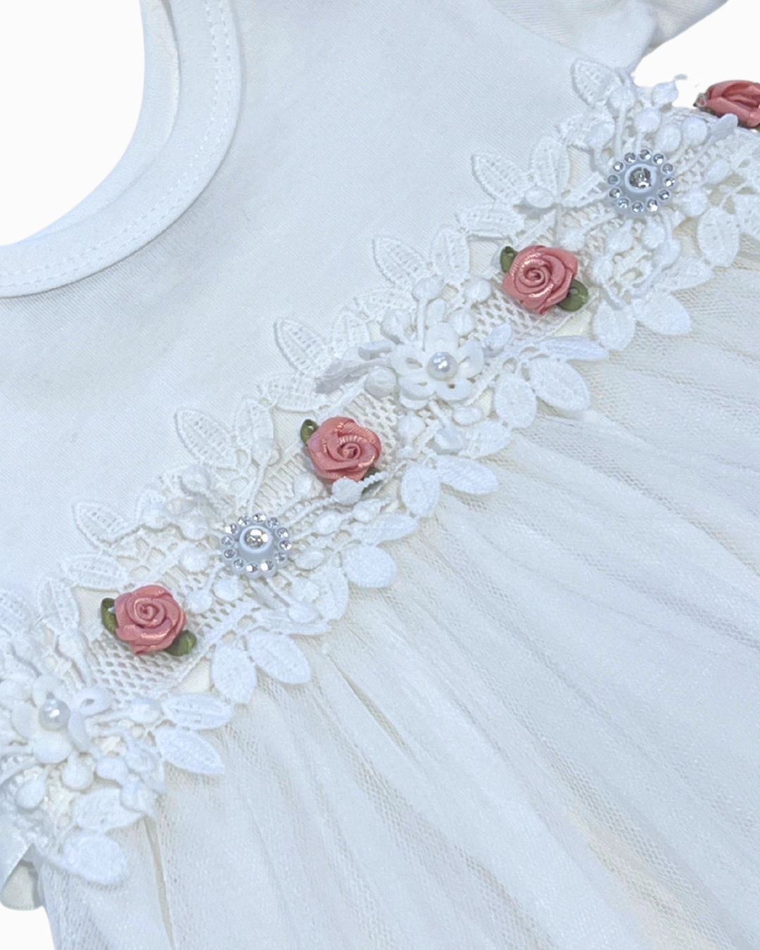 White Dress w Tulle Lace Overlay & Pink Flower Detail
