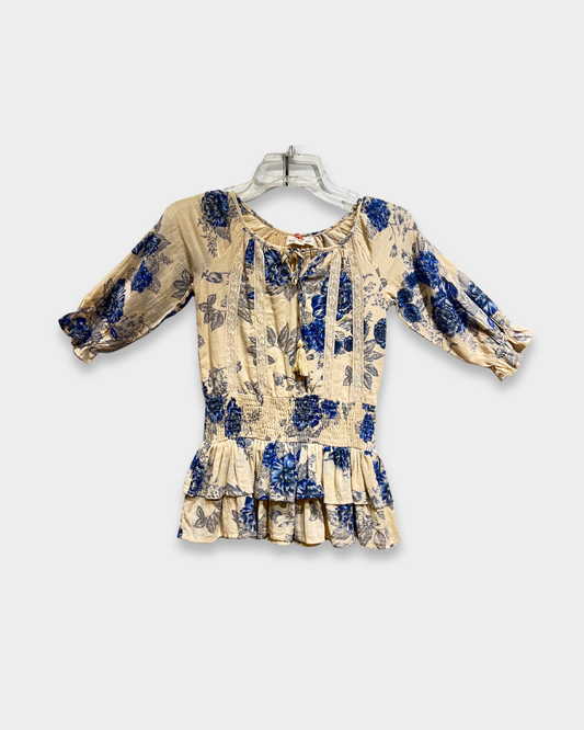 indigo rose dress, girls floral dress, blue peasant dress, boho girls outfit, boutique girls clothing, ruffle hem dress, smocked waist dress, kids fall fashion, blue flower print dress