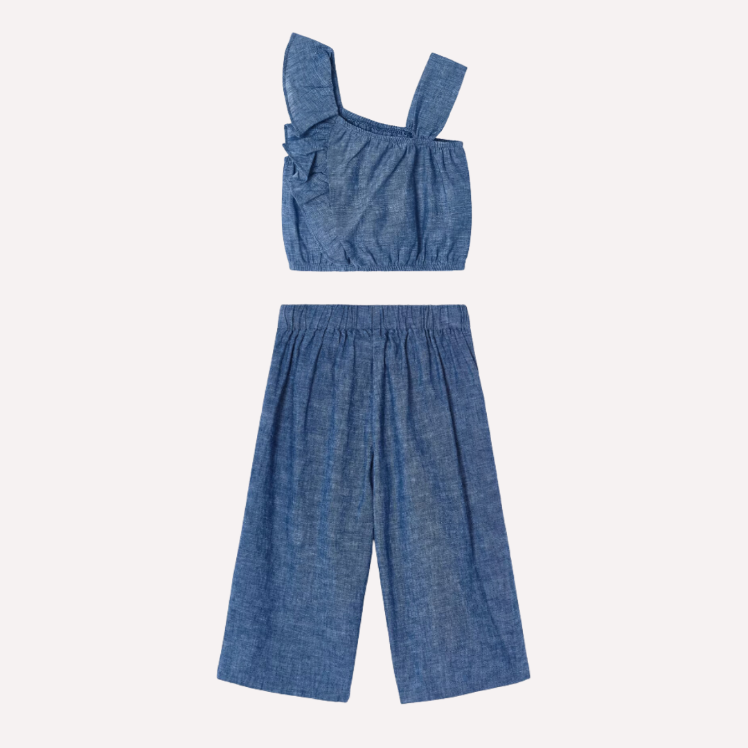 2pc Denim Top w One Side Ruffle w Matching Elastic Waist Pant