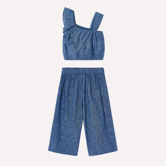 2pc Denim Top w One Side Ruffle w Matching Elastic Waist Pant