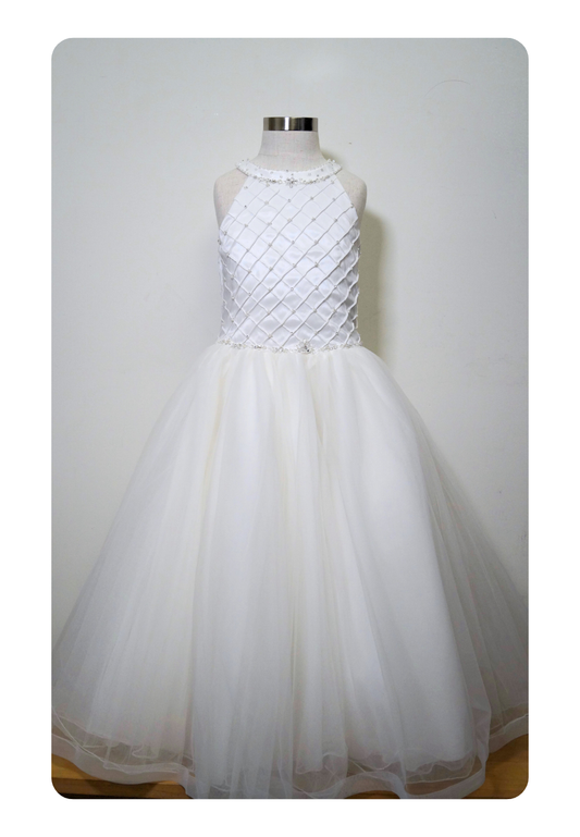 one of a kind beaded communion dress Expressions Boutique NY, white tulle communion gown, girls beaded bodice communion dress, boutique communion wear Long Island, elegant white first communion dress, special occasion gown Woodbury NY