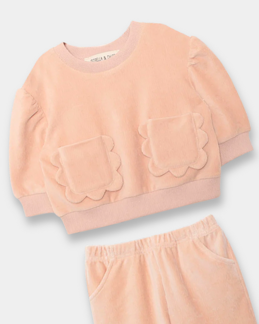 peach baby pant set, boutique toddler outfit, scalloped pocket baby set, girls velour pant set, peach lounge set kids, boutique infant clothing, soft baby clothes set, baby girl jogger set, toddler fall outfit girl, boutique kids fashion peach, back to school, school outfits, pre-k clothing