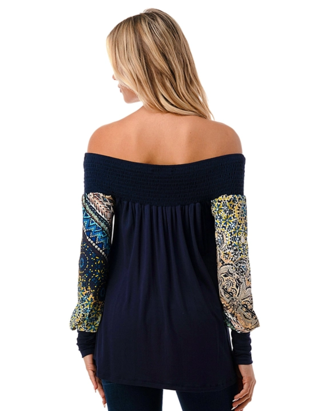 Navy/Multi Print Sleeve Off the Shoulder Top
