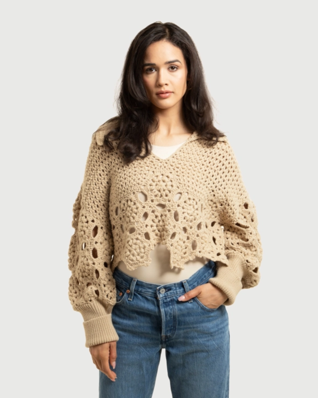 Oatmeal Floral Crochet Pullover Sweater