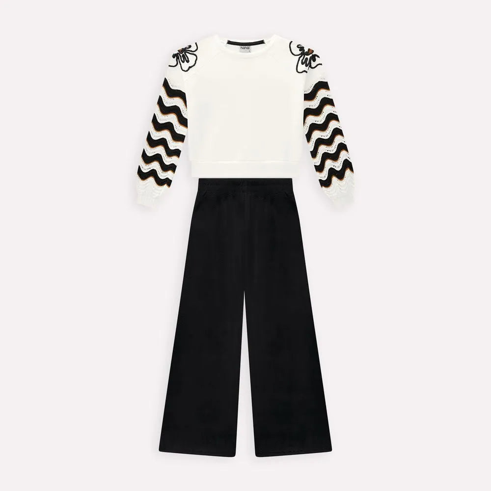 girls boutique 2pc outfit, off-white embroidered top with pants, girls wide-leg black pants set, stylish kids clothing set, girls party outfit boutique, embroidered sleeve top with pants, chic toddler girls outfit, boutique fashion girls clothes, special occasion girls outfit, modern girls boutique set