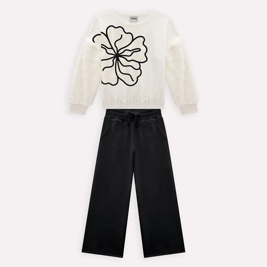 girls 2pc outfit boutique, off-white flower applique top, black wide-leg pants set girls, chic girls outfit boutique style, girls embroidered flower top set, trendy toddler girls clothing set, stylish black and white outfit girls, girls fashion boutique outfit, modern girls party outfit, unique statement outfit for girls