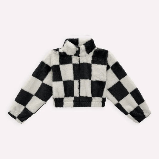 girls checkered faux fur jacket, black and white plush jacket, boutique girls winter coat, girls trendy outerwear, stylish kids faux fur coat, girls zip-up checkered jacket, boutique faux fur jacket kids, black and white cozy jacket, statement jacket for girls, trendy toddler winter jacket