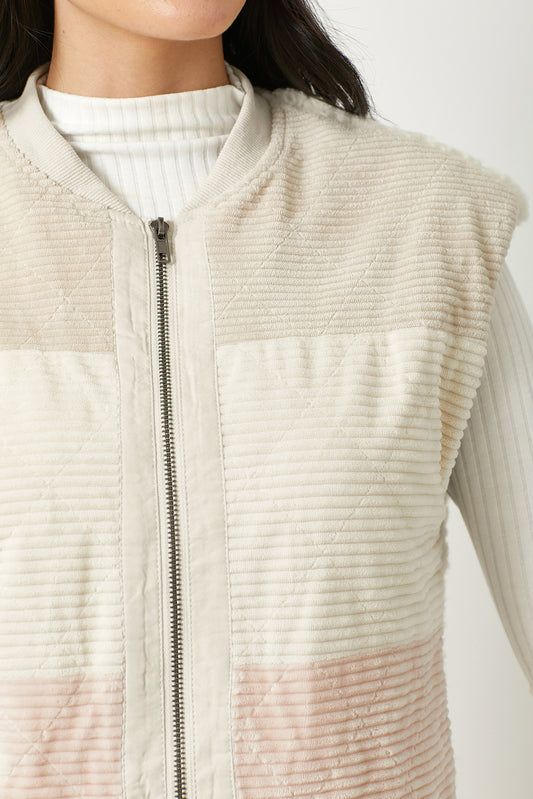 mystree ivory color block vest, mixed media vest, sherpa back vest, boutique outerwear women, blush cream ivory vest, corduroy layering vest, transitional women’s vest, trendy sleeveless outerwear, boutique sherpa jacket vest, neutral color block vest