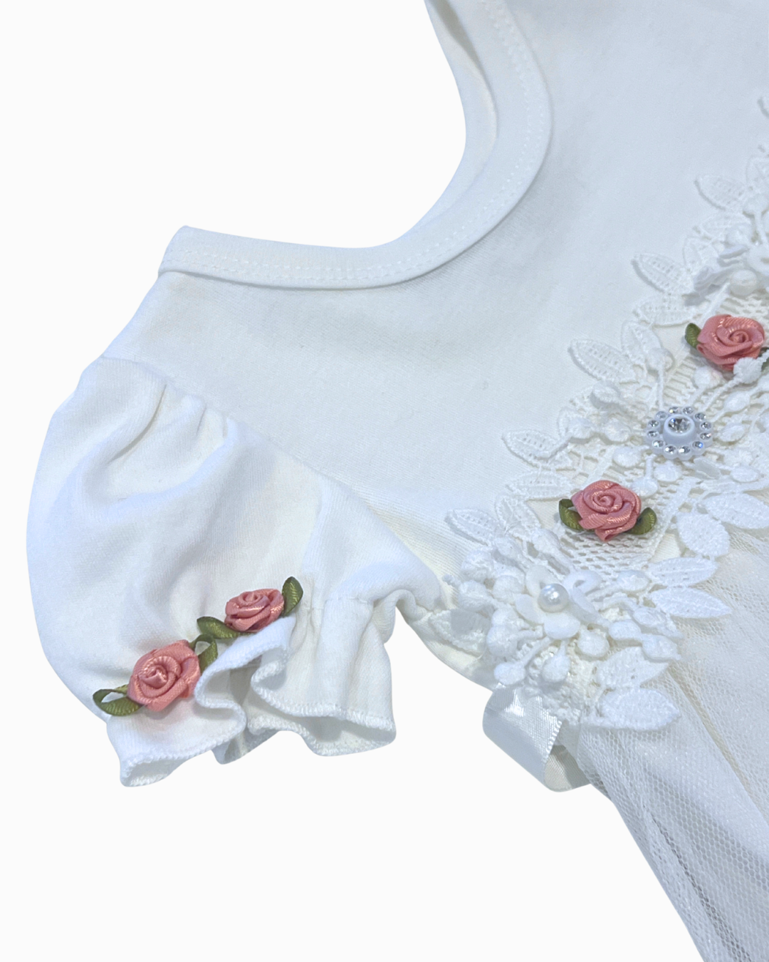 White Dress w Tulle Lace Overlay & Pink Flower Detail