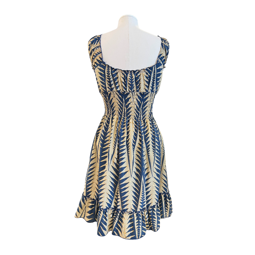 Turquoise & Beige w Gold Smocked Sleeve Short Dress