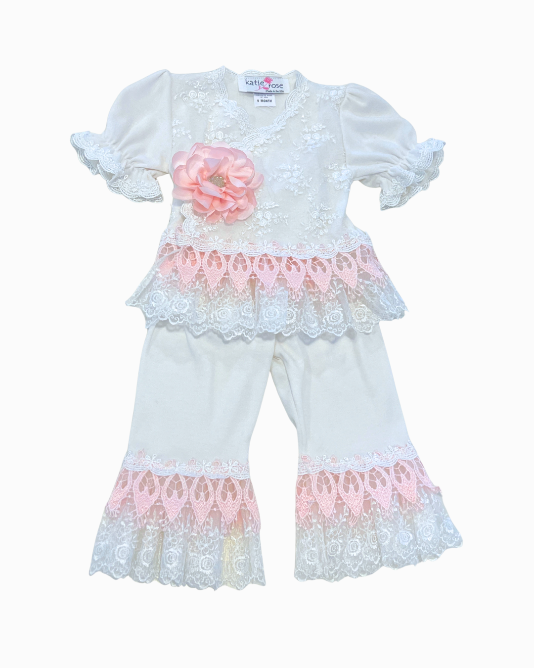 Aria 2pc White Lace w Pink Flower