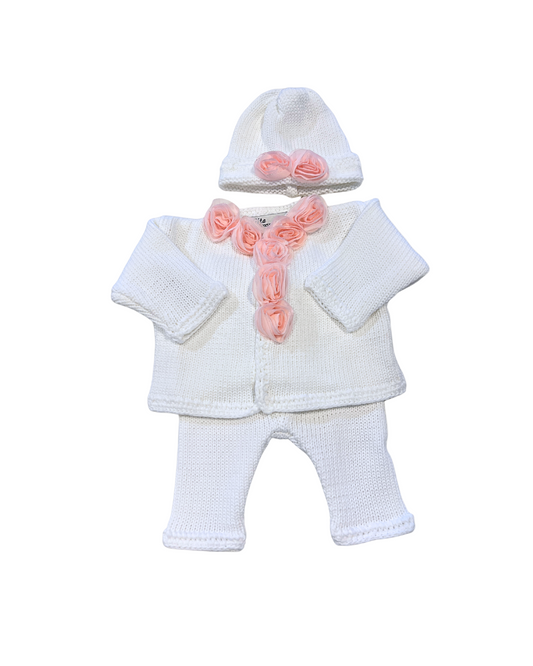 Gita 2pc White Cotton Sweater w Pink Chiffon Flowers