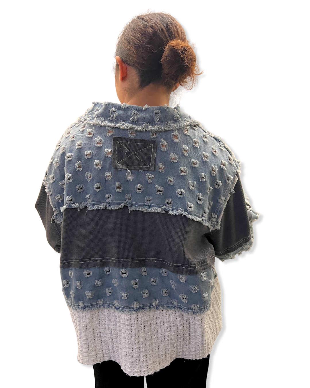 denim contrast top Expressions Boutique NY, light denim v neck top, mixed media denim sweater, women’s boutique patchwork top, casual street style pullover