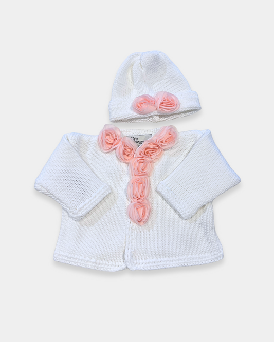 2pc White Cotton Sweater w Pink Chiffon Flowers