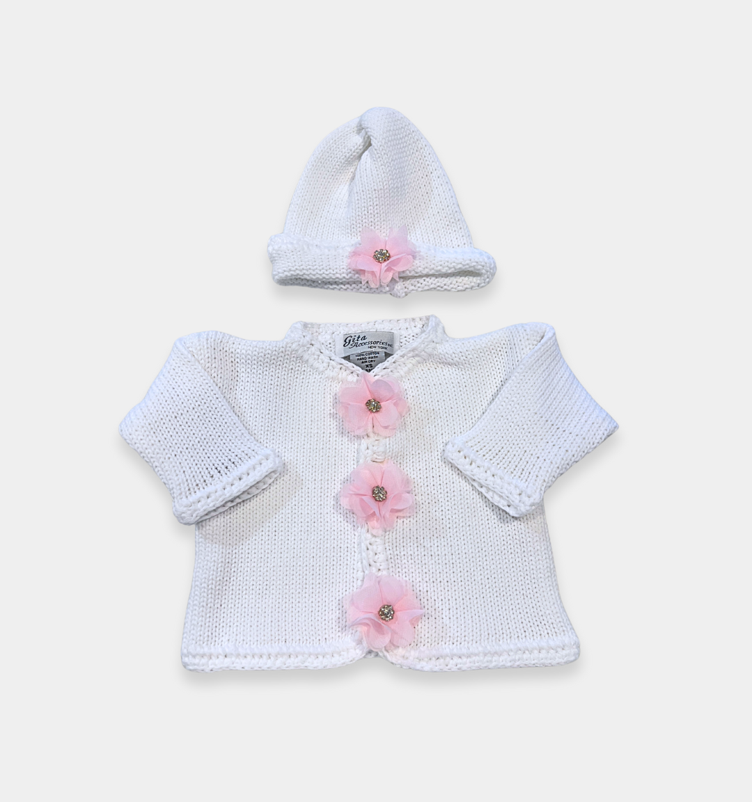 boutique baby girl sweater set, newborn white pink flower knit outfit, rhinestone baby girl sweater Expressions Boutique NY, luxury knitwear baby girl, christening outfit baby girl knit, heirloom newborn sweater hat set, boutique baby girl clothing set, newborn knit outfit girls, special occasion baby shower gift girl, cotton knit baby girl sweater set