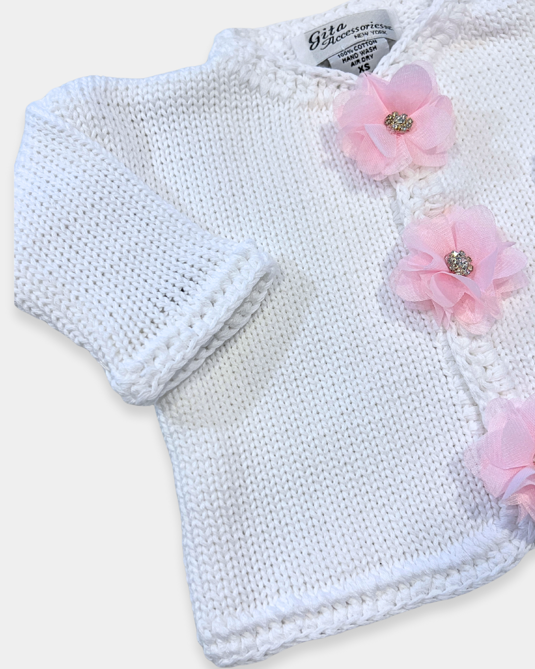 boutique baby girl sweater set, newborn white pink flower knit outfit, rhinestone baby girl sweater Expressions Boutique NY, luxury knitwear baby girl, christening outfit baby girl knit, heirloom newborn sweater hat set, boutique baby girl clothing set, newborn knit outfit girls, special occasion baby shower gift girl, cotton knit baby girl sweater set