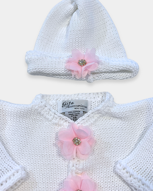 boutique baby girl sweater set, newborn white pink flower knit outfit, rhinestone baby girl sweater Expressions Boutique NY, luxury knitwear baby girl, christening outfit baby girl knit, heirloom newborn sweater hat set, boutique baby girl clothing set, newborn knit outfit girls, special occasion baby shower gift girl, cotton knit baby girl sweater set