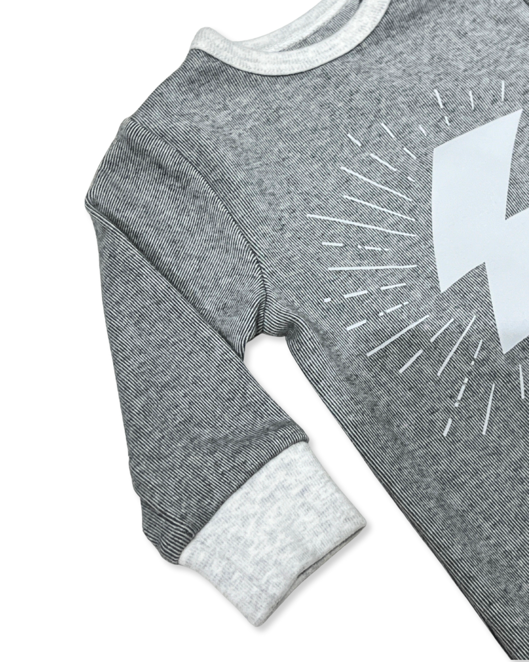 Grey Lightning Bolt Footie, Expressions Boutique, Women and childrens boutique, Woodbury, grey baby footie, baby boy lightning sleeper, boutique baby romper, infant footed one piece, soft cotton baby pajamas, newborn boy sleepsuit, snap closure baby outfit, modern baby boy footie, baby shower boy gift, lightning print baby romper