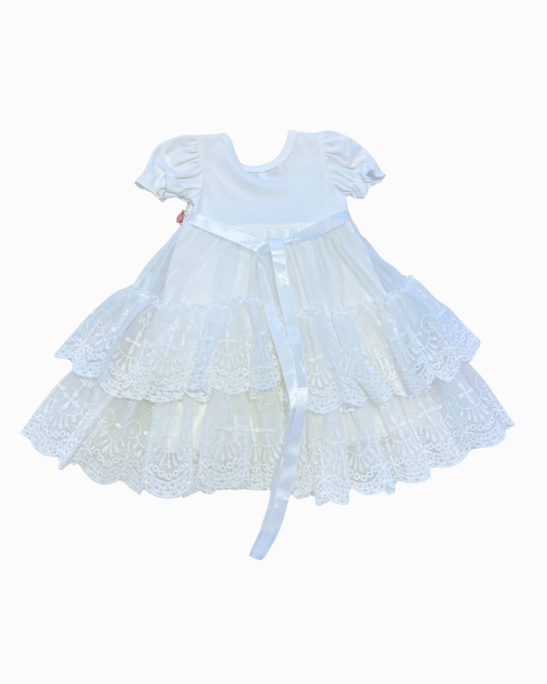 White Dress w Tulle Lace Overlay & Pink Flower Detail