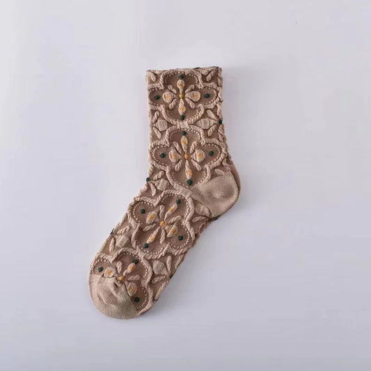3D embroidered socks, floral textured socks women, boutique statement socks, cute girly socks with flowers, textured knit socks women, fashion socks for sneakers, playful embroidered socks, cozy floral socks, boutique women’s accessories, unique embroidered sock designs