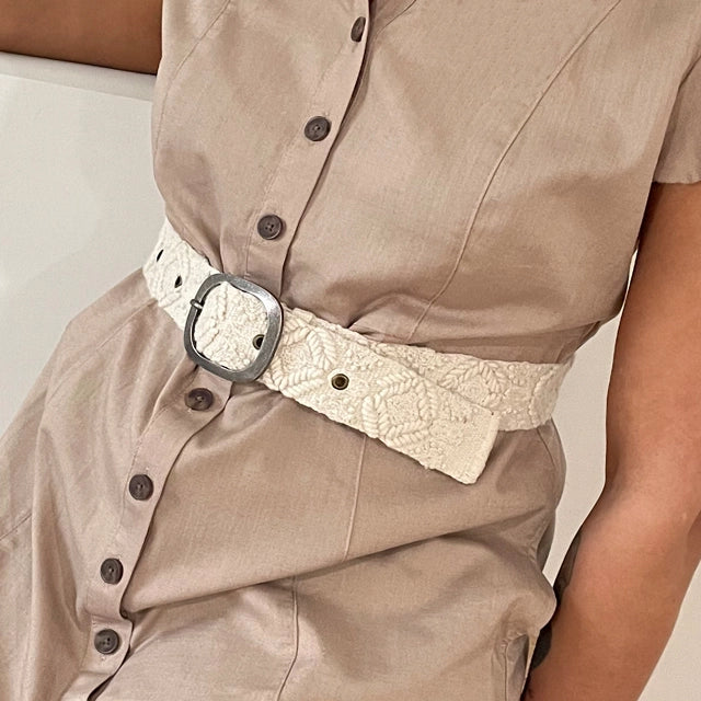 embroidered wool belt, cream boho belt, artisan embroidered belt, neutral statement belt, textured cream belt, handmade bohemian belt, women’s artisan accessories, boutique embroidered wool belt, vintage buckle belt, unique boho belt