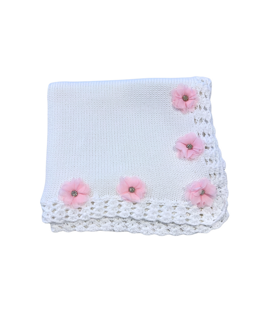 White w Pink Flower Small Rhinestone Center Blanket