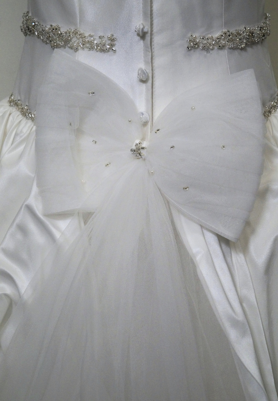 white beaded lace bodice communion dress Expressions Boutique NY, satin and tulle first communion gown, girls beaded white communion dress, elegant lace communion wear Long Island, boutique communion dresses Woodbury NY