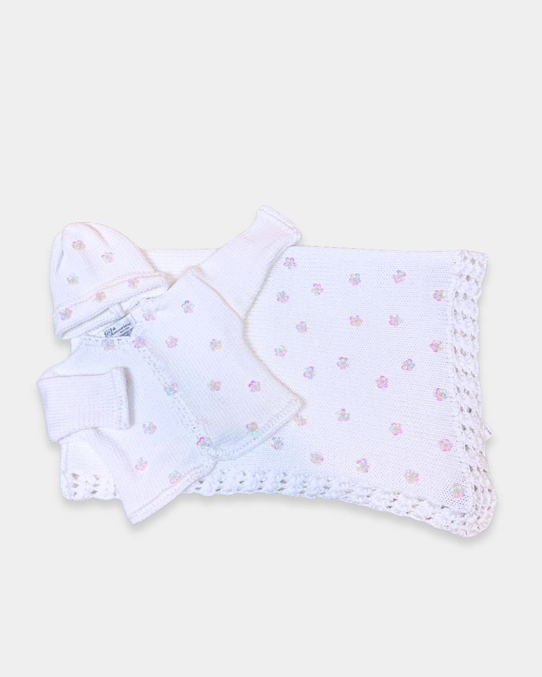 White Cotton Sweater w Sequin Flowers w Hat