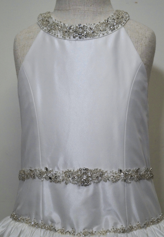 white beaded lace bodice communion dress Expressions Boutique NY, satin and tulle first communion gown, girls beaded white communion dress, elegant lace communion wear Long Island, boutique communion dresses Woodbury NY