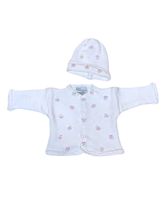 White Cotton Sweater w Sequin Flowers w Hat