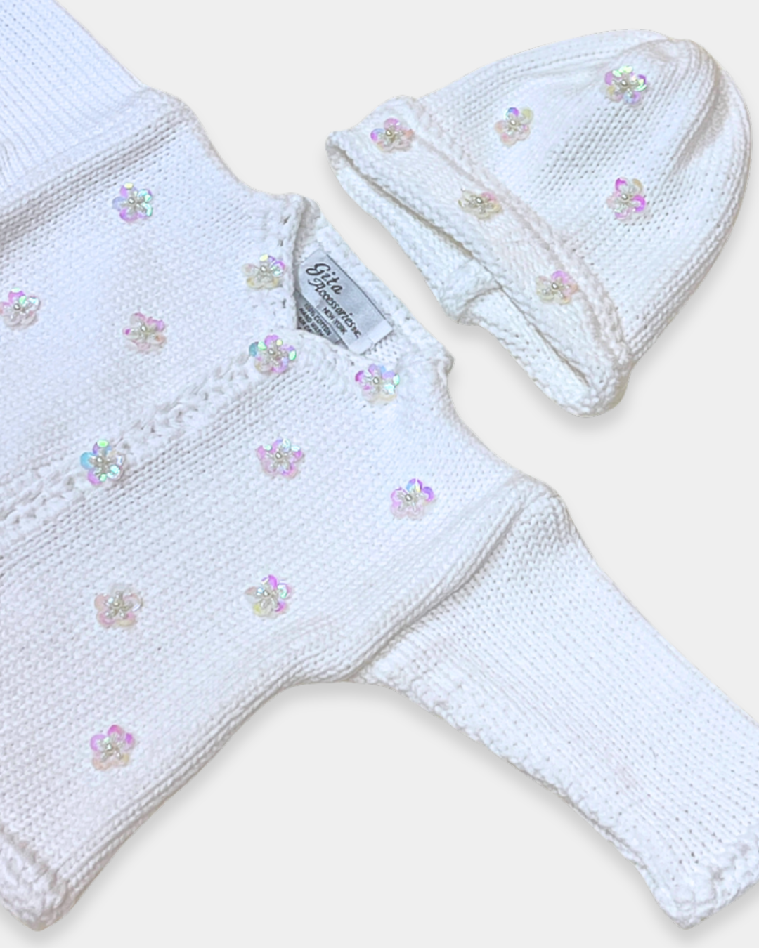 White Cotton Sweater w Sequin Flowers w Hat