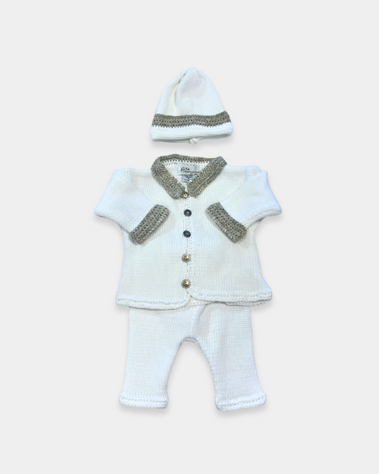 2pc White Cotton Sweater w Soft Green/Beige Tweed Collar & Cuff w Hat