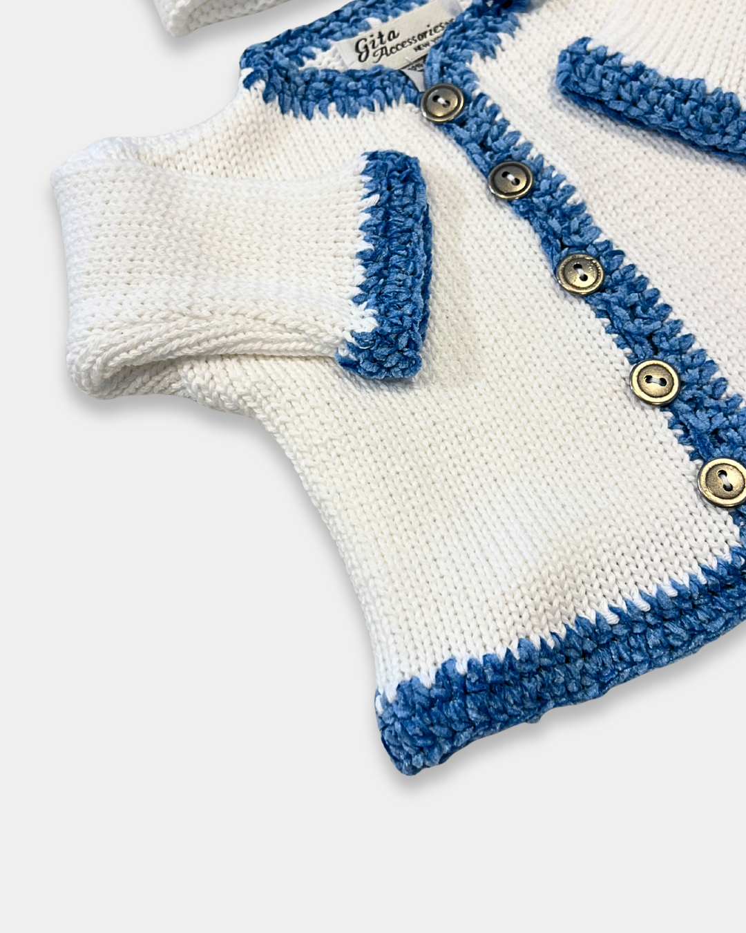 baby cotton sweater set, boutique baby knitwear, baby shower gift outfit, baby boy sweater and hat set, newborn cotton sweater outfit, boutique baby clothing Expressions Boutique NY, infant knit cardigan set, baby cotton knit with chenille trim, newborn coming home outfit boys, soft breathable baby sweater set