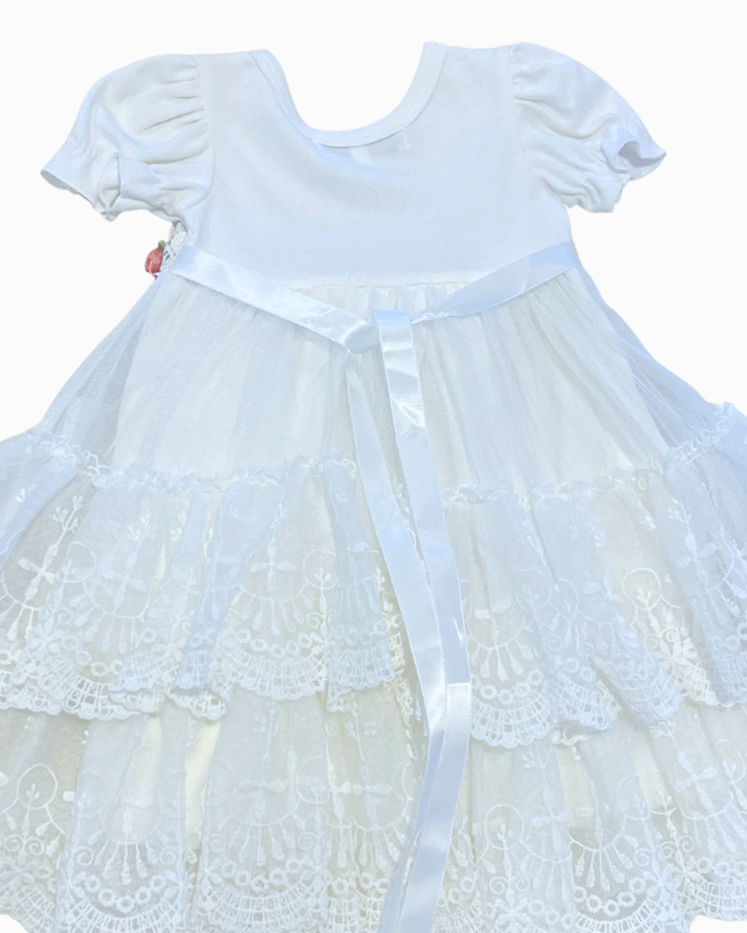 White Dress w Tulle Lace Overlay & Pink Flower Detail