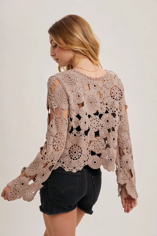 boho crochet bell sleeve top, sheer floral crochet blouse, boutique festival crochet top, mushroom crochet sweater women, open knit bell sleeve top, bohemian chic crochet layering piece, sheer crochet pullover neutral, boutique boho beachwear top, vintage inspired crochet blouse, boutique statement crochet top