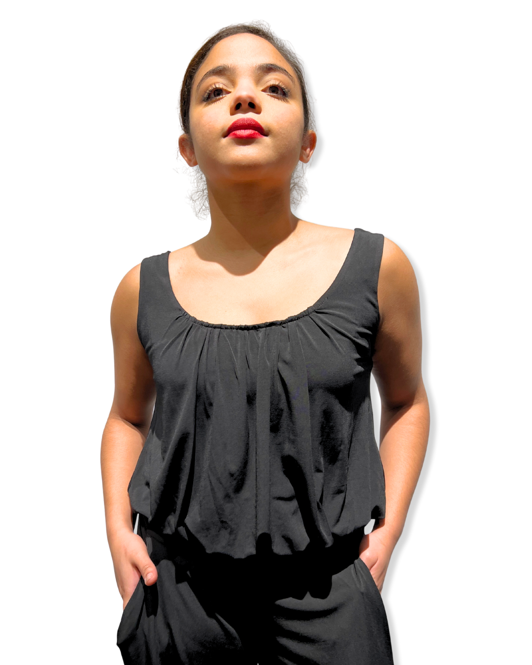 tank jumpsuit Expressions Boutique NY, women’s wide leg jumpsuit, sleeveless one piece outfit, paisley jumpsuit, black flowy jumpsuit, chic summer outfit