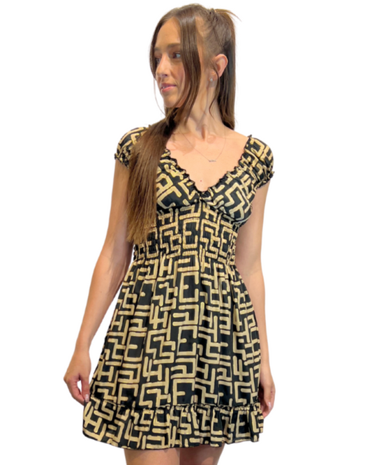 Black & Beige w Gold Smocked Sleeve Short Dress