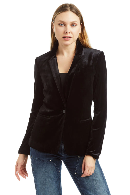 black velvet blazer women, tailored velvet jacket, evening velvet blazer, boutique velvet blazer, luxury black blazer women, single button velvet blazer, chic velvet suit jacket, versatile velvet blazer outfit, formal black velvet jacket, boutique fashion outerwear, modern tailored blazer women, classic velvet blazer coat