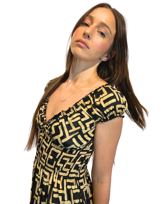 Black & Beige w Gold Smocked Sleeve Short Dress