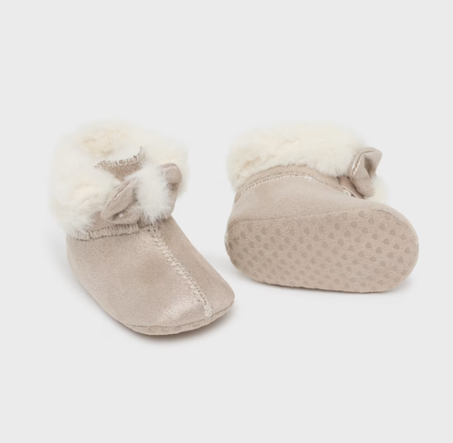 Taupe shimmer baby boot with bow